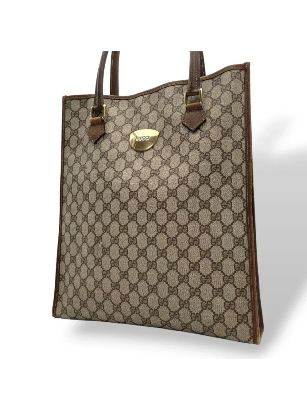 Gucci Tote Handle Vintage GG Plus Leather Gray Brown Gold Simple Business Daily